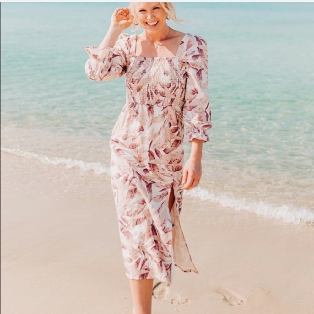 House of Harlow 1960 Linen Blend Midi Dress Pink White Palm Print Size Medium